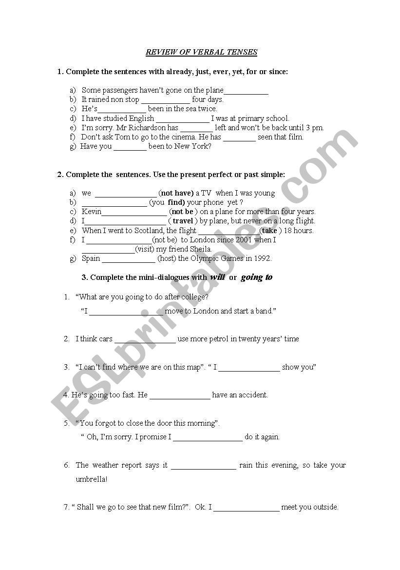 REVIEW OF VERBAL TENSES worksheet