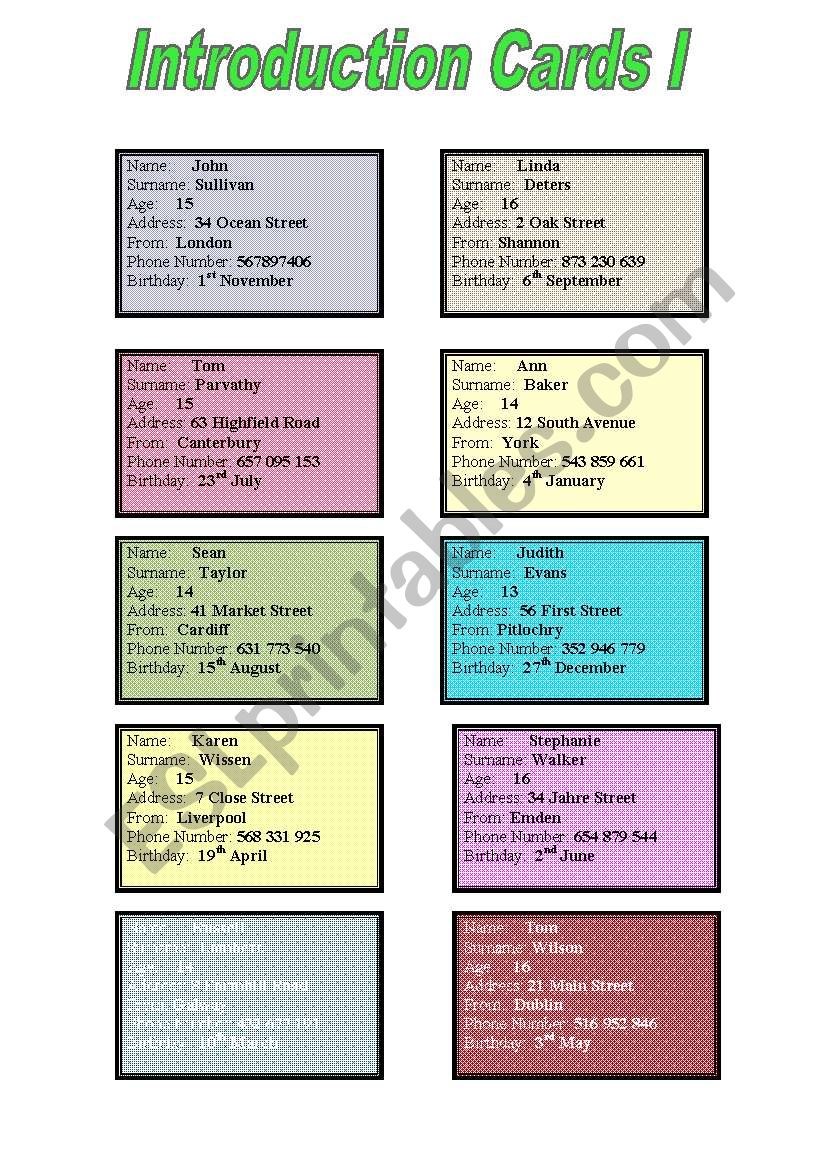 Introduction Cards  worksheet