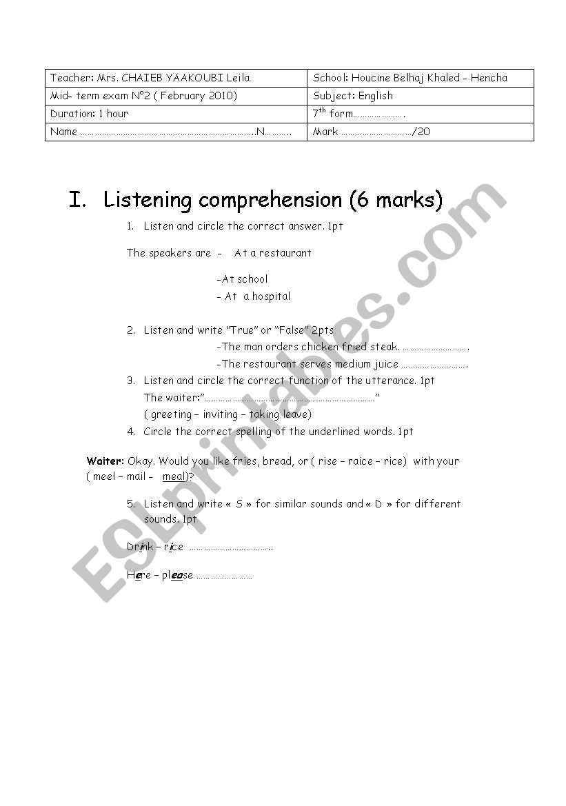 mid - term exam february 2010 ( 7 th form)