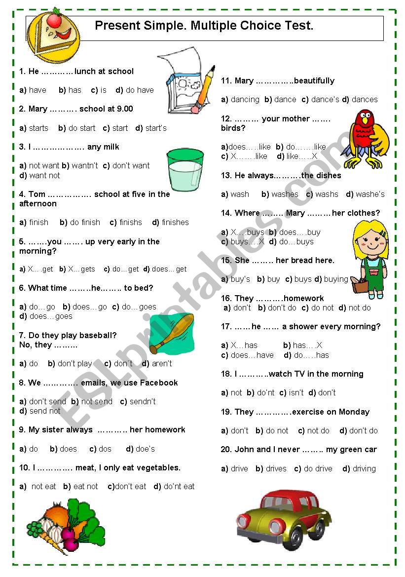 Present Simple (use of -s, do, does). Multi Choice