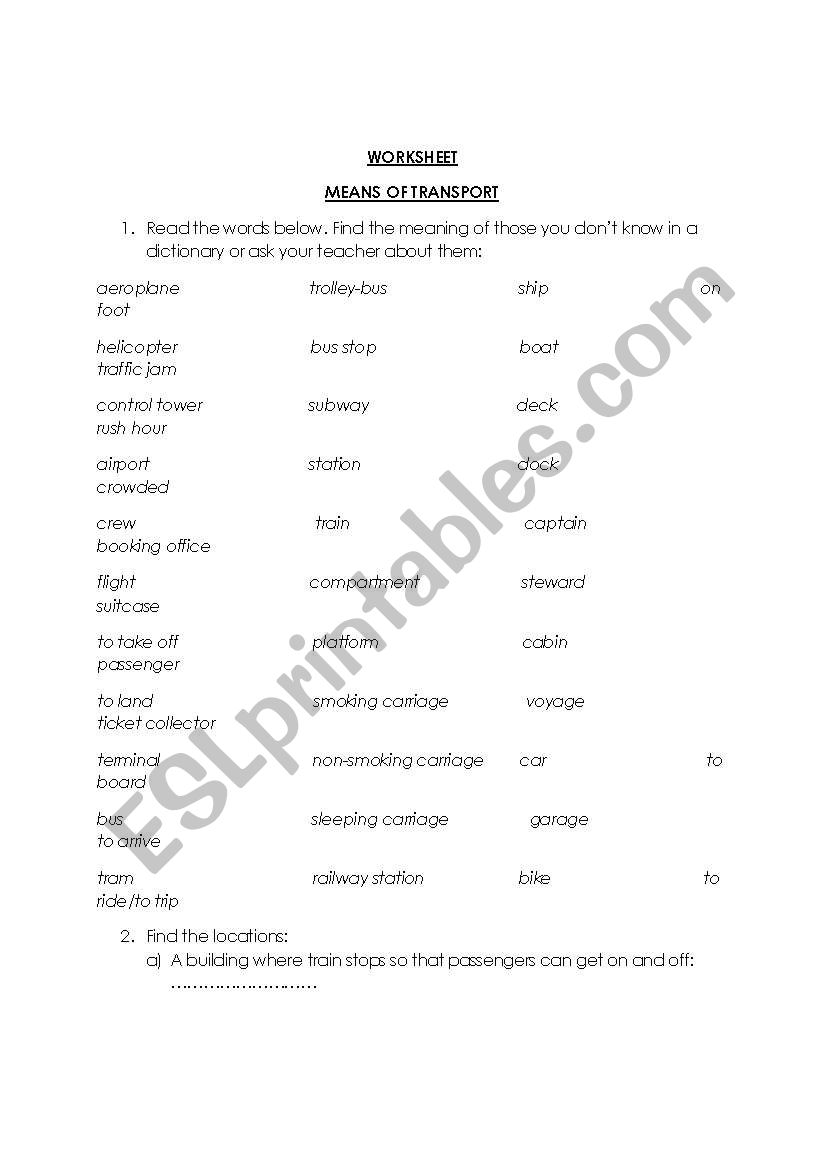 Means of Transport worksheet