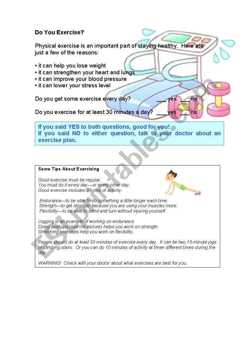 Do you exercise? worksheet