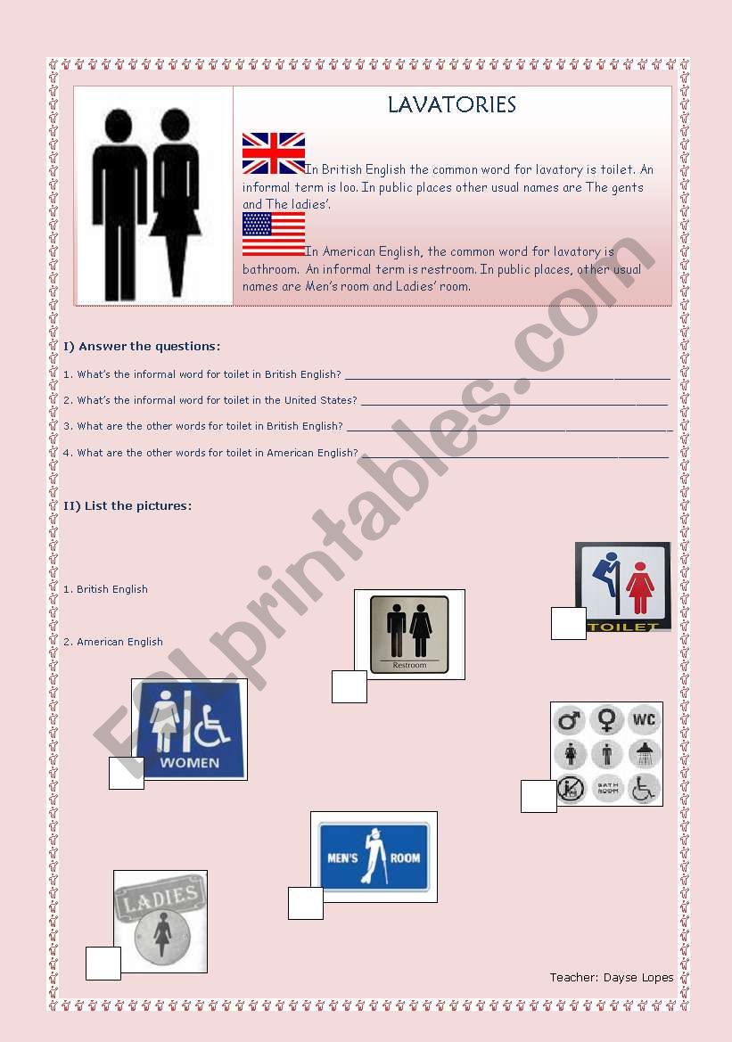 LAVATORIES worksheet