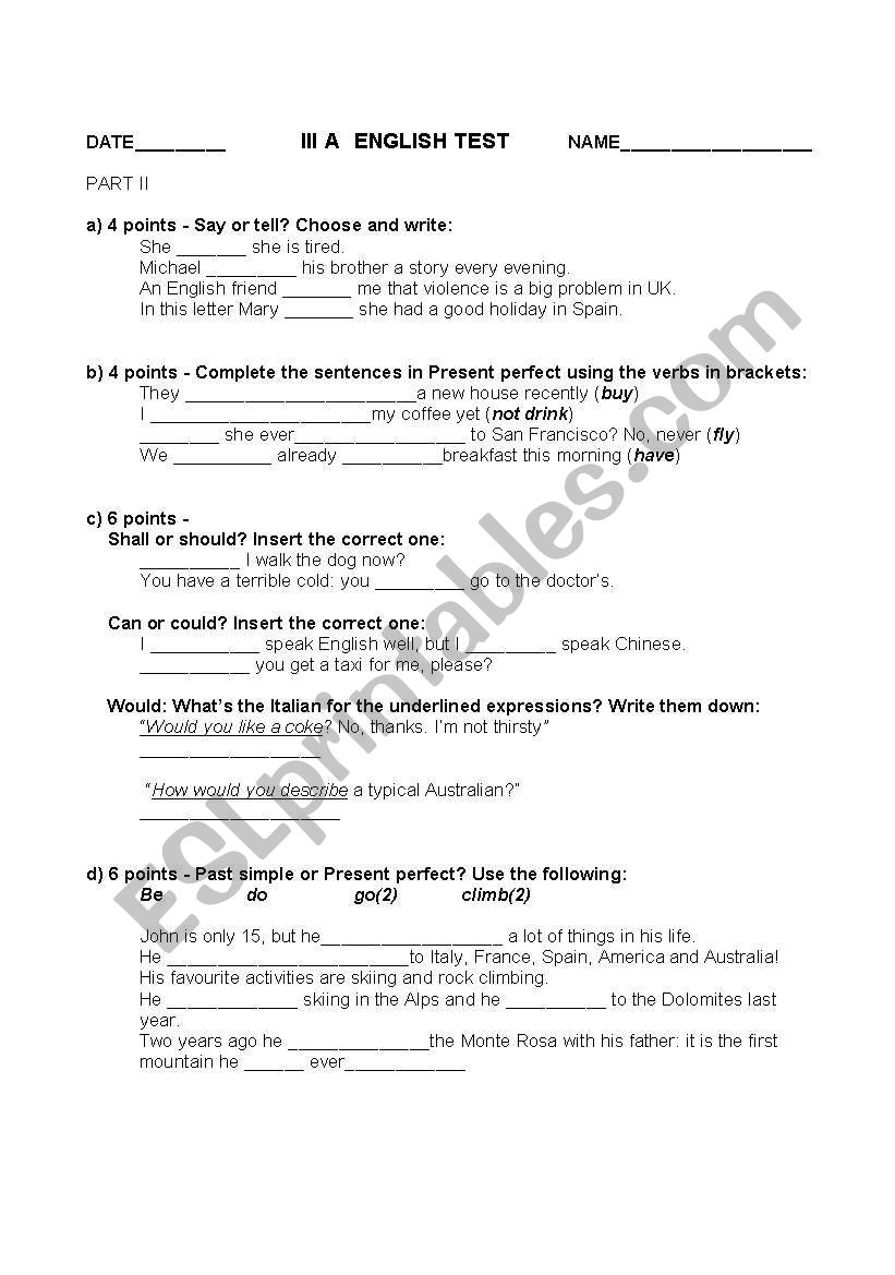 test intermediate level worksheet