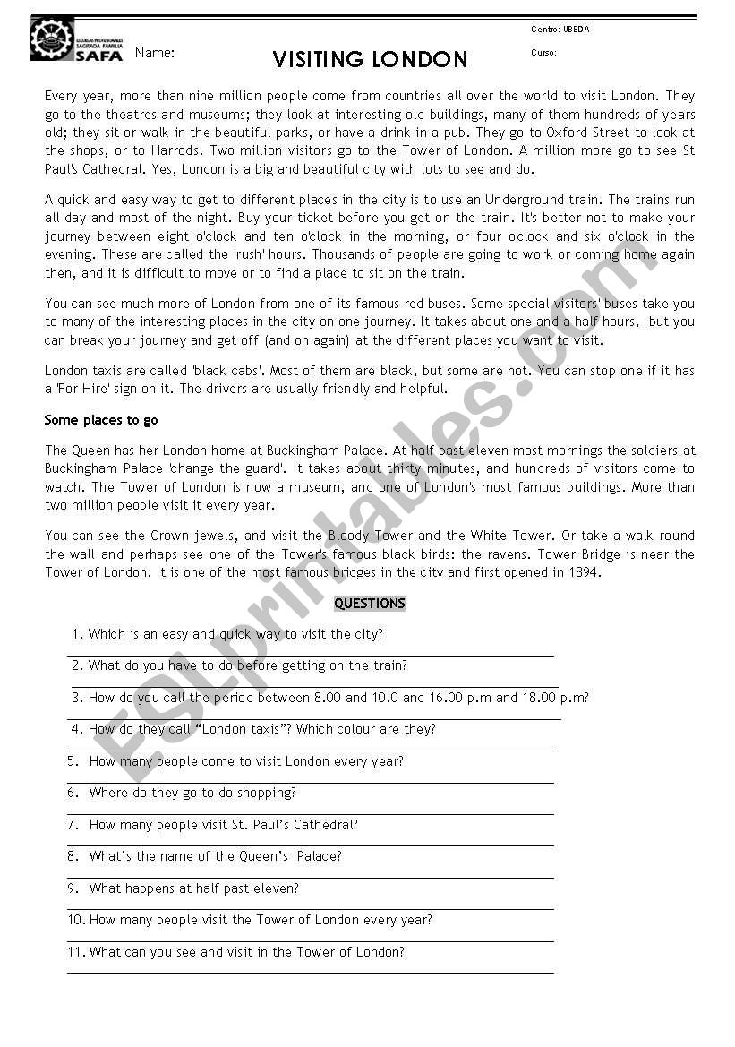 Visiting London worksheet