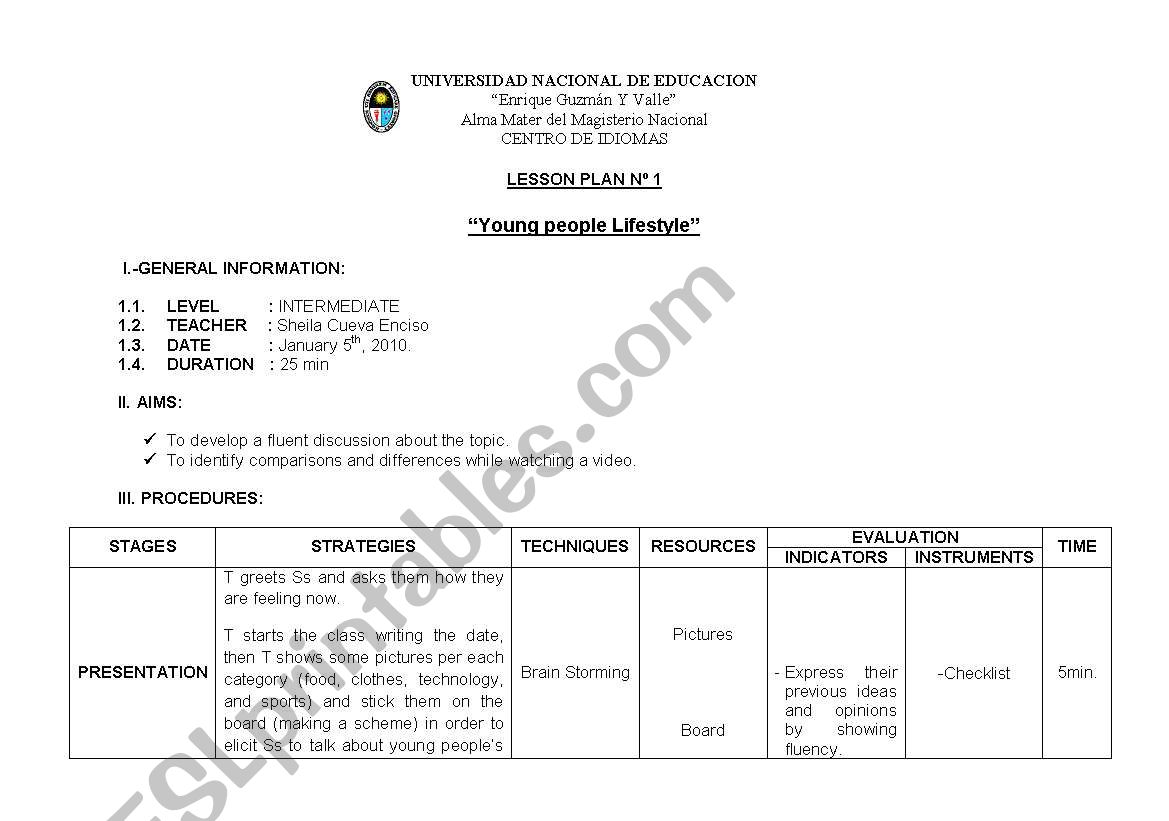 teens lifestyle worksheet