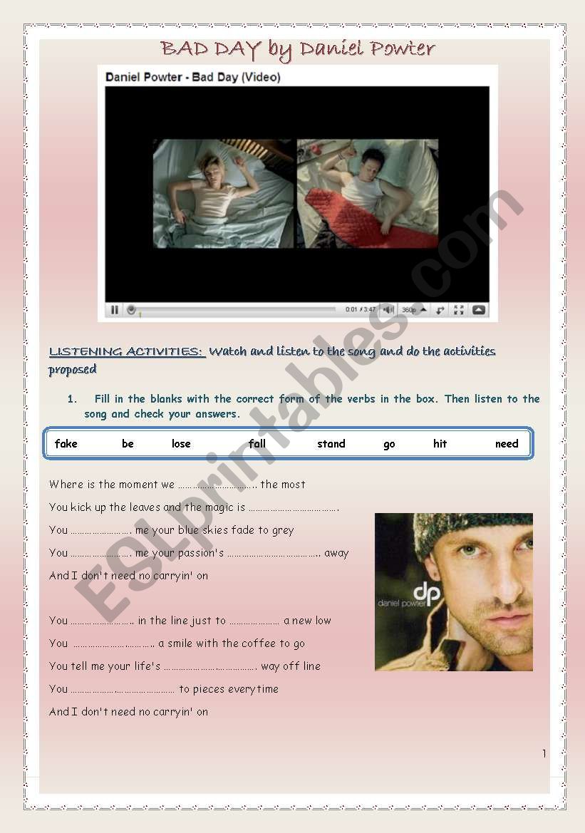 BAD DAY by Daniel Powter worksheet