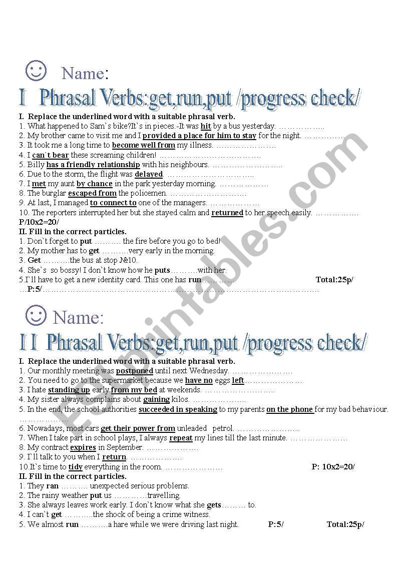 Phrasals-get-put-run worksheet