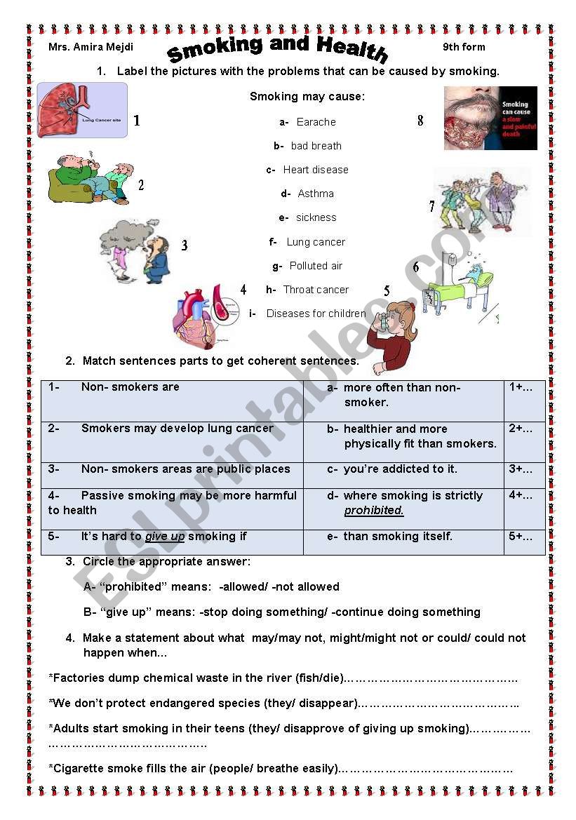 smoking and health worksheet