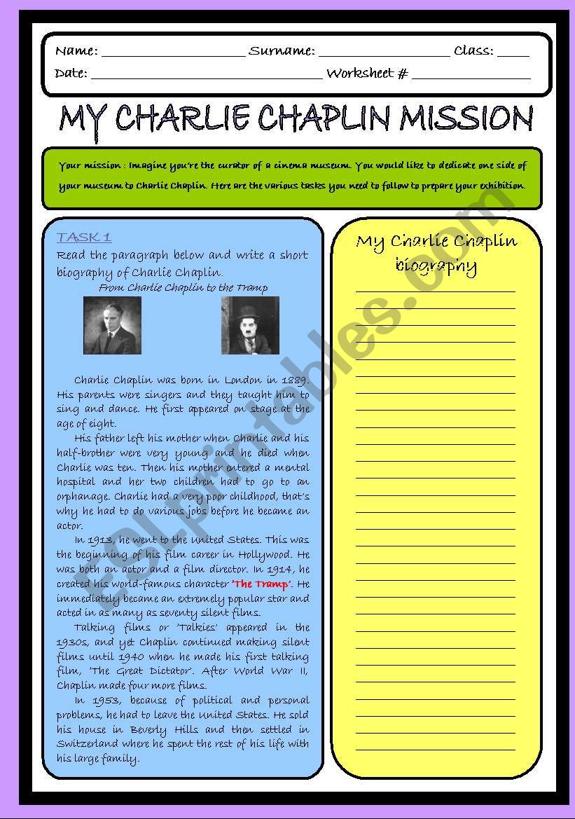 Charlie Chaplin mission worksheet