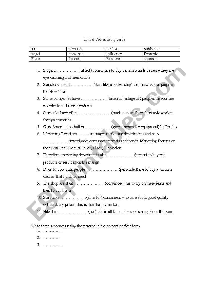 Verbs used in advertising worksheet