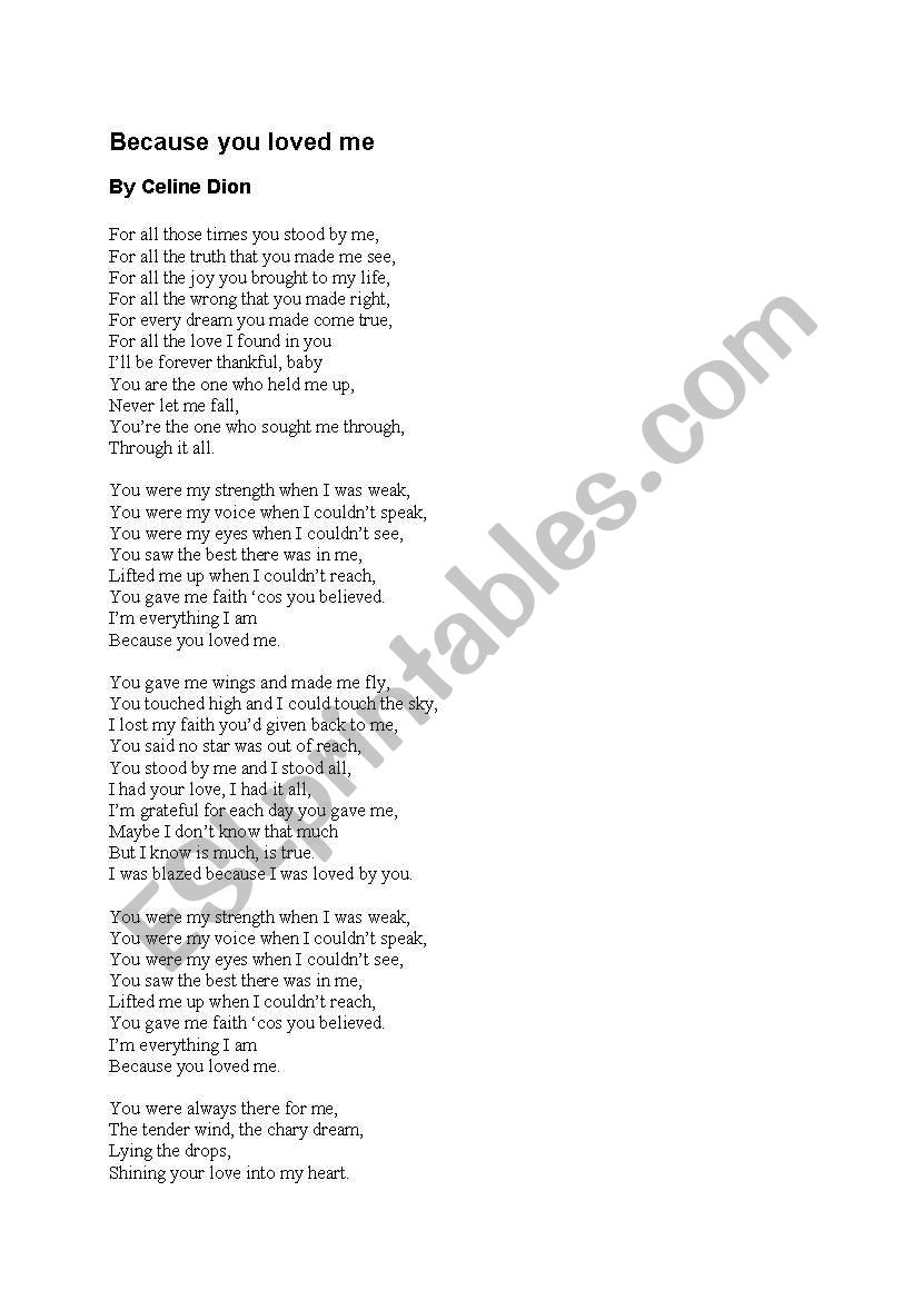 English worksheets Because you loved me