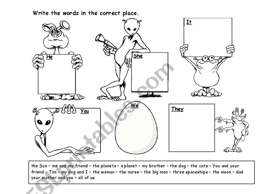 personal pronoun sorting exercise with aliens