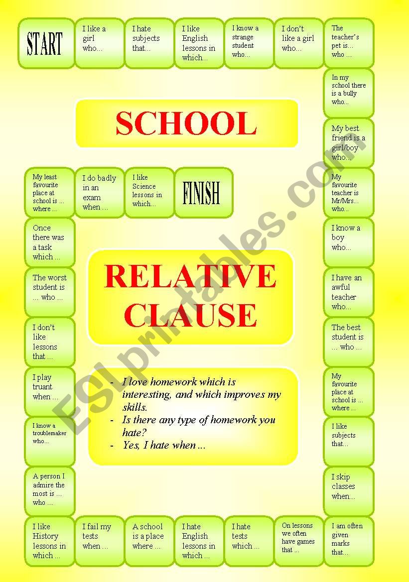 School - Relative Clause - a boardgame (B/W) - editable