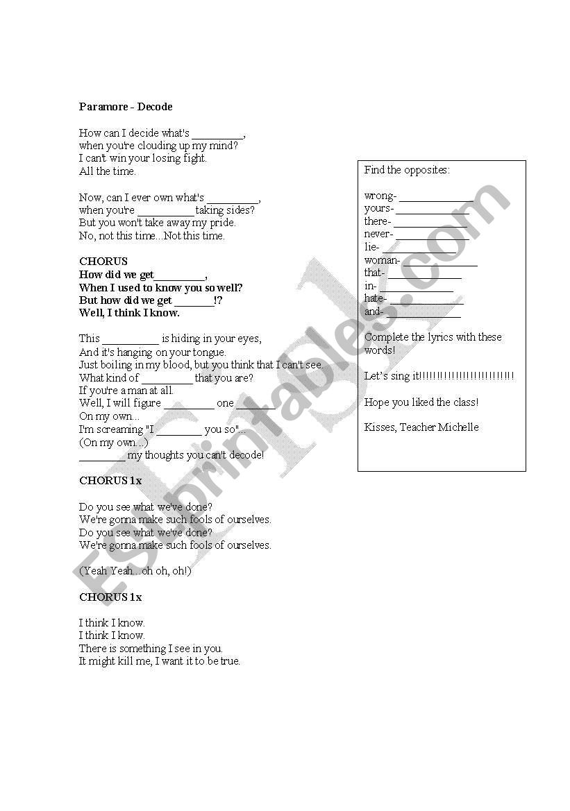 Paramore - Decode worksheet