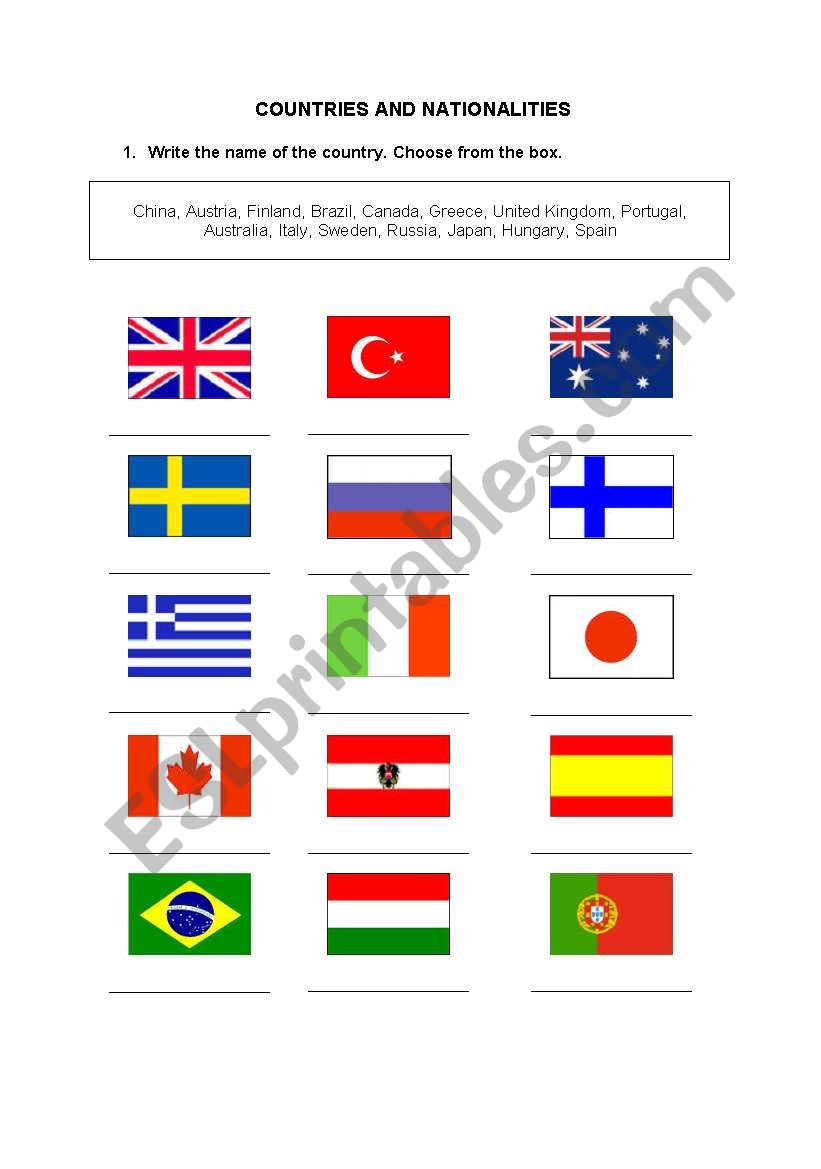 Countries and nationalities worksheet