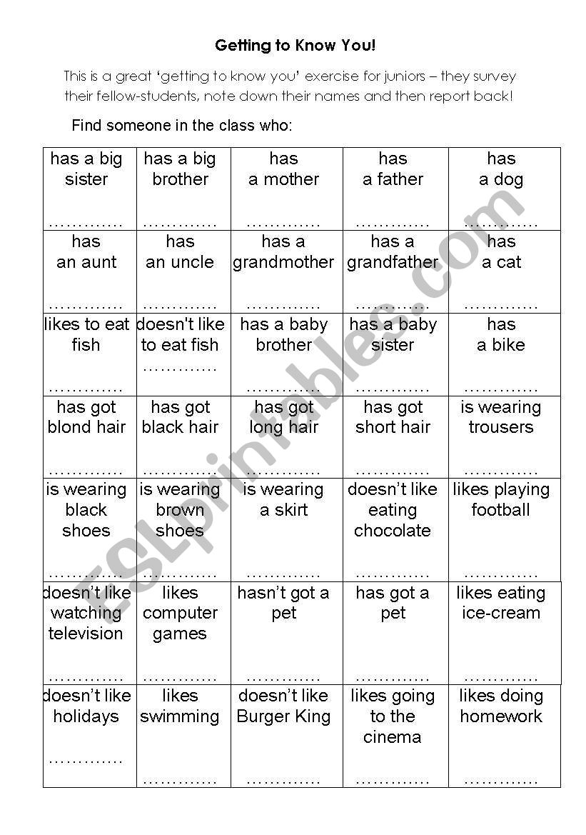 Getting to Know You! worksheet