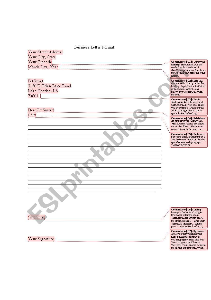 Form for a business letter worksheet