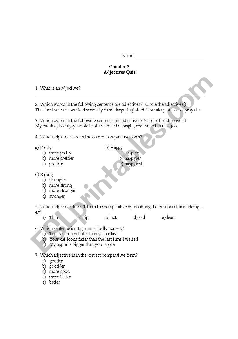 Quiz on adjectives  worksheet