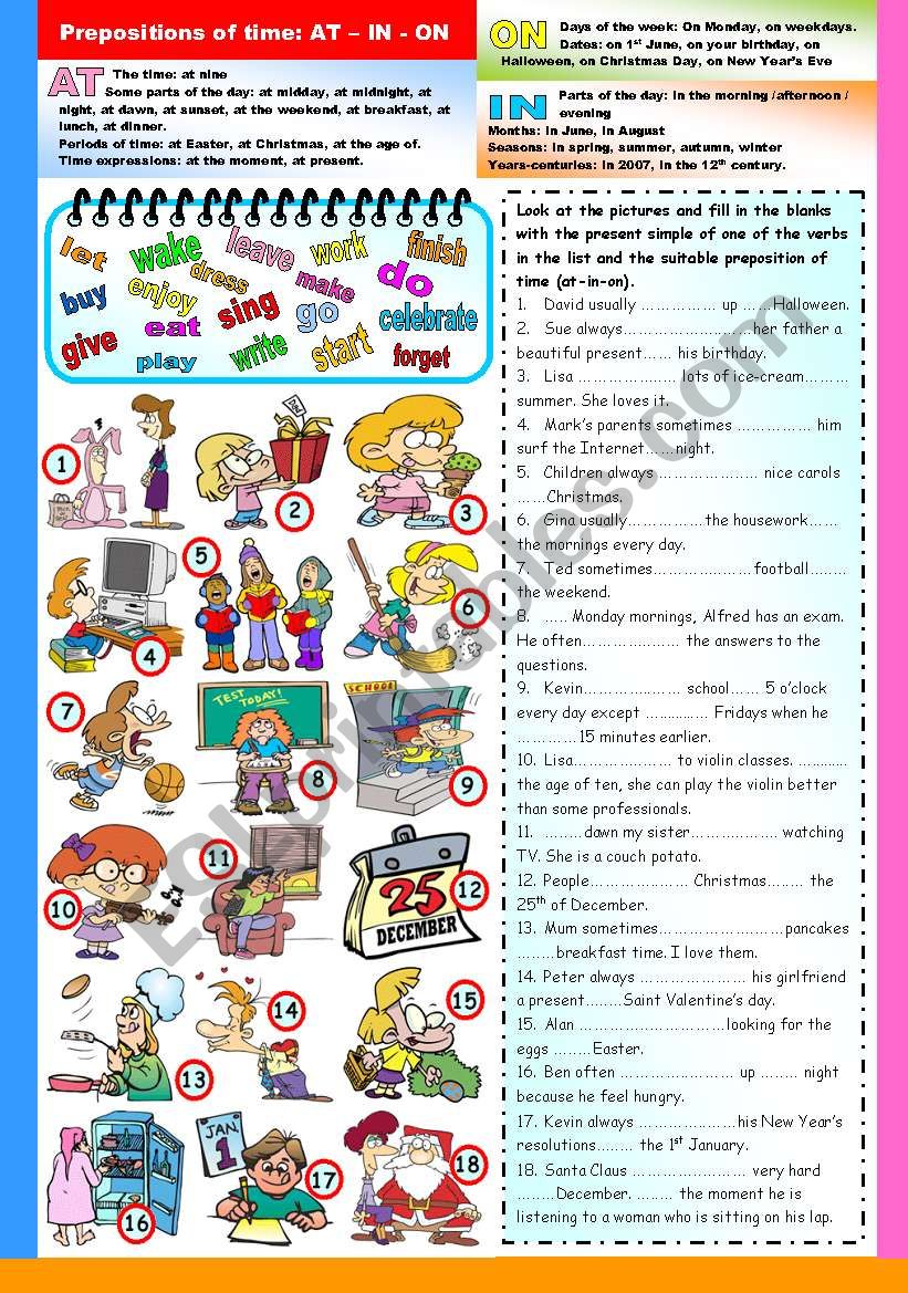 PREPOSITIONS OF TIME AT-IN-ON +PRESENT SIMPLE (B&W VERSION INCLUDED)