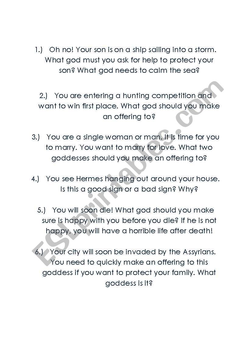 Greek Gods Activity worksheet