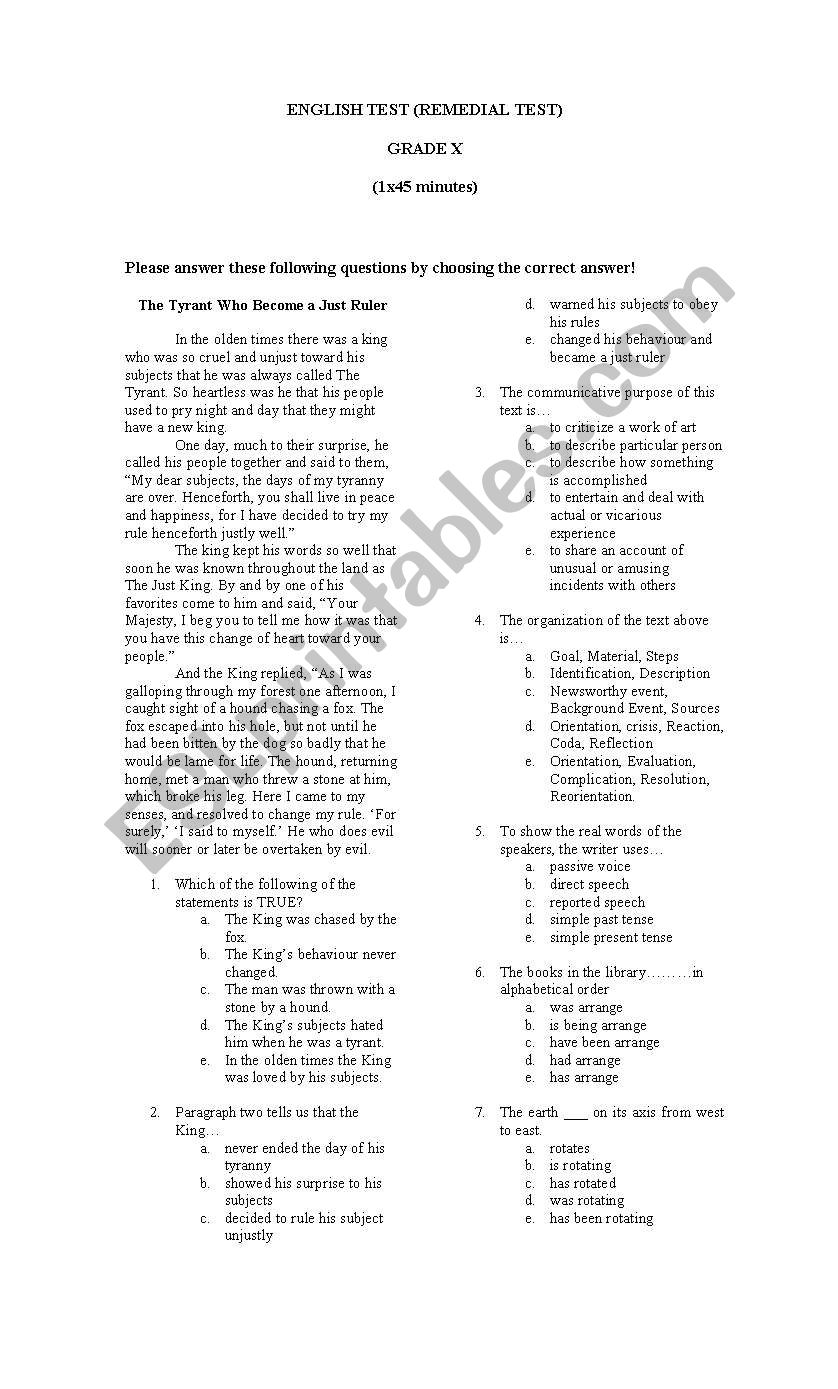 English Remdial worksheet