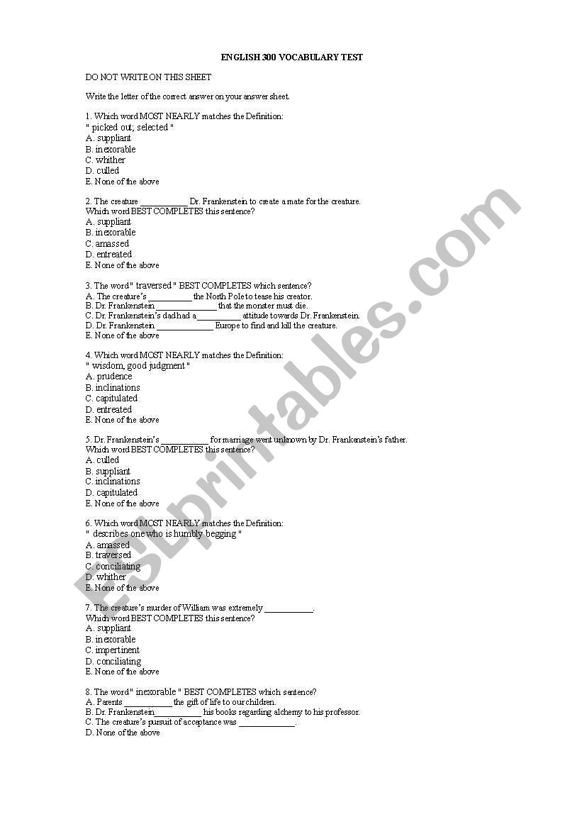 Frankenstein Vocabulary and Reading Quiz
