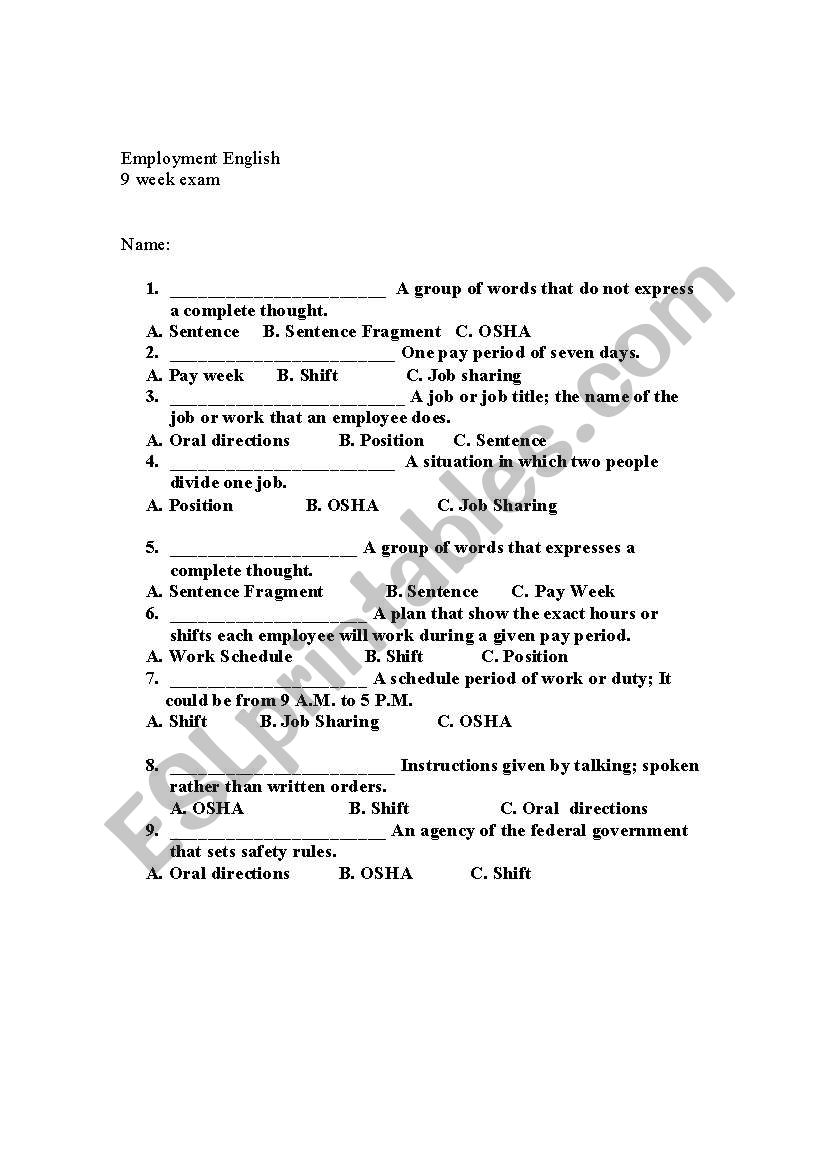 employment english skills worksheet