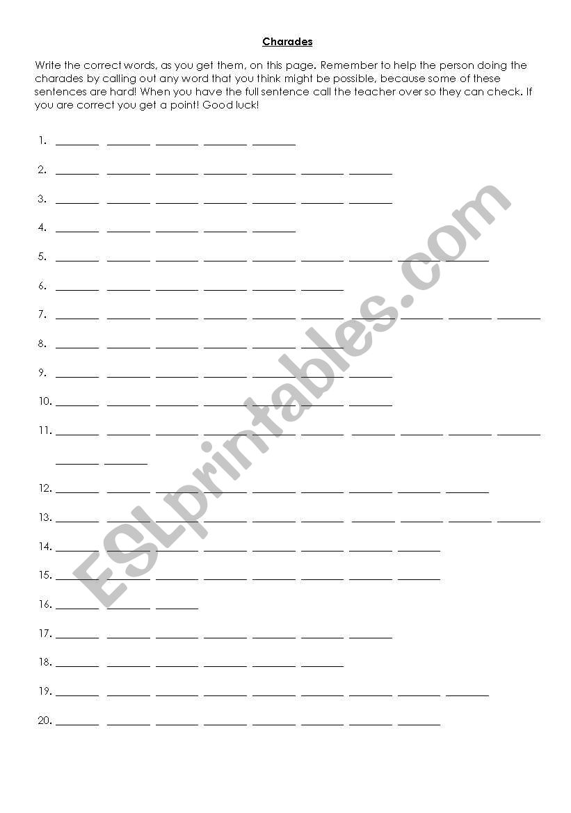 charades worksheet