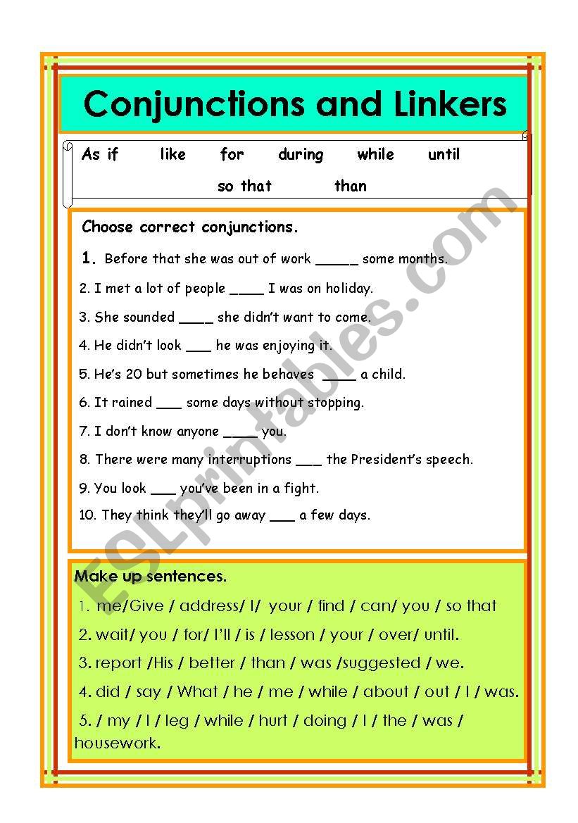 Conjunctions and Linkers worksheet