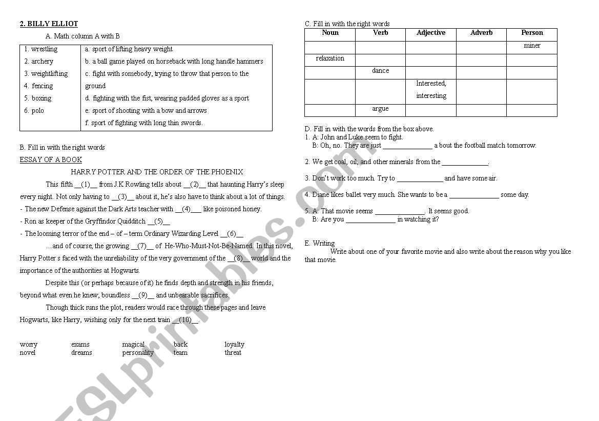 Vocabulary worksheet