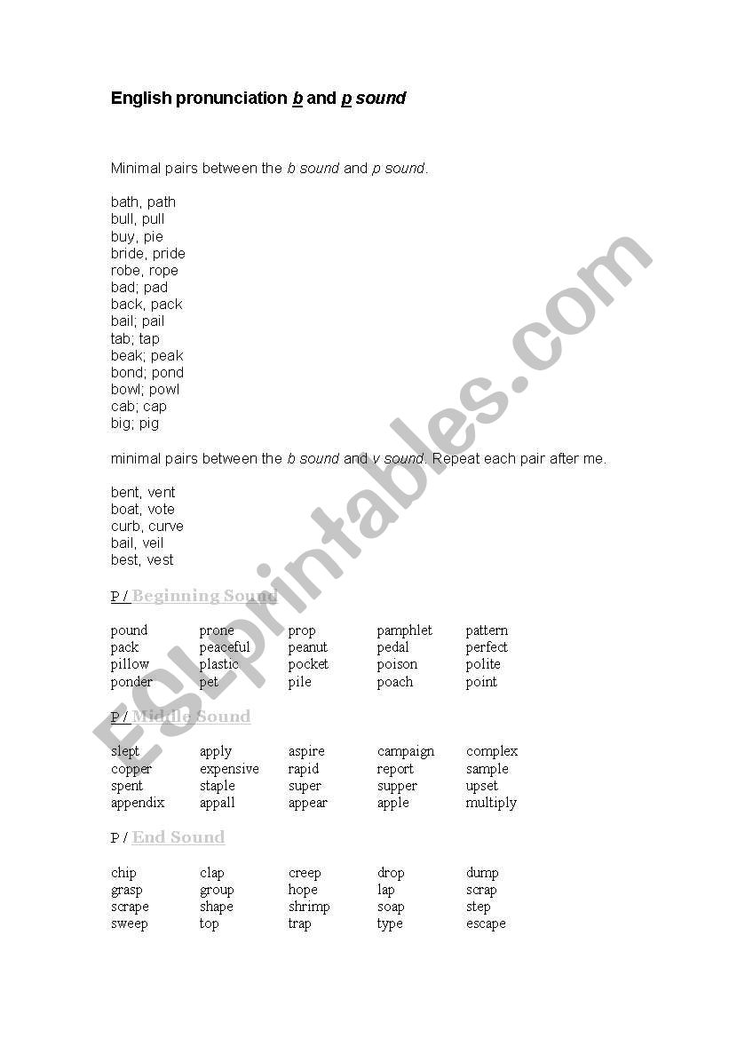 Pronunciaion P and B sound worksheet