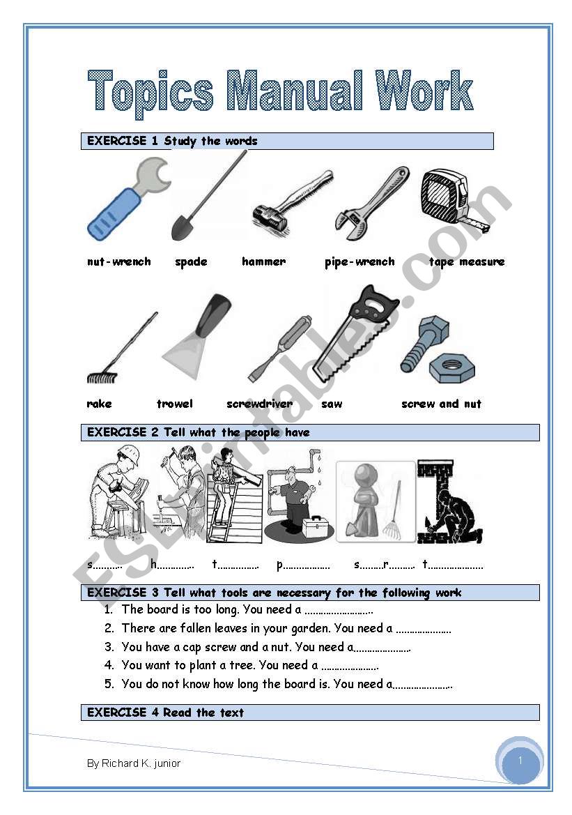Topics -Tools and manual work- 2 pages/7 exercises