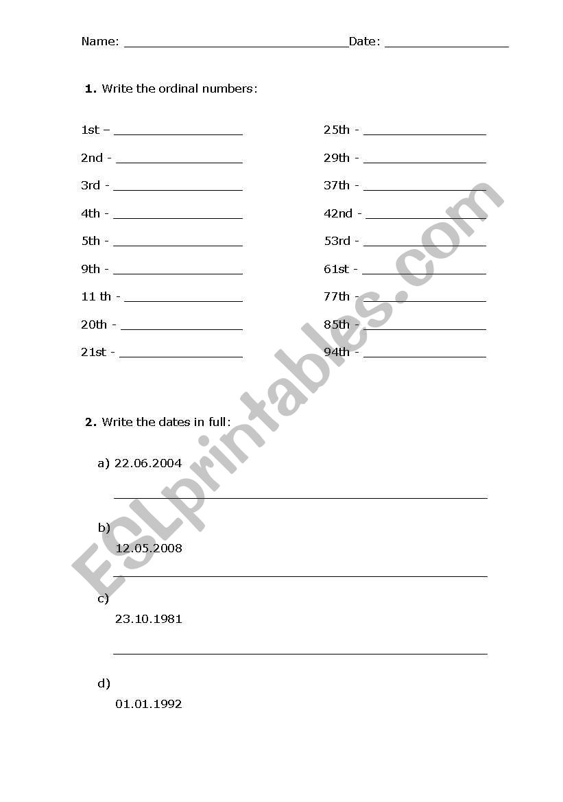 Ordinal Numbers and Dates worksheet