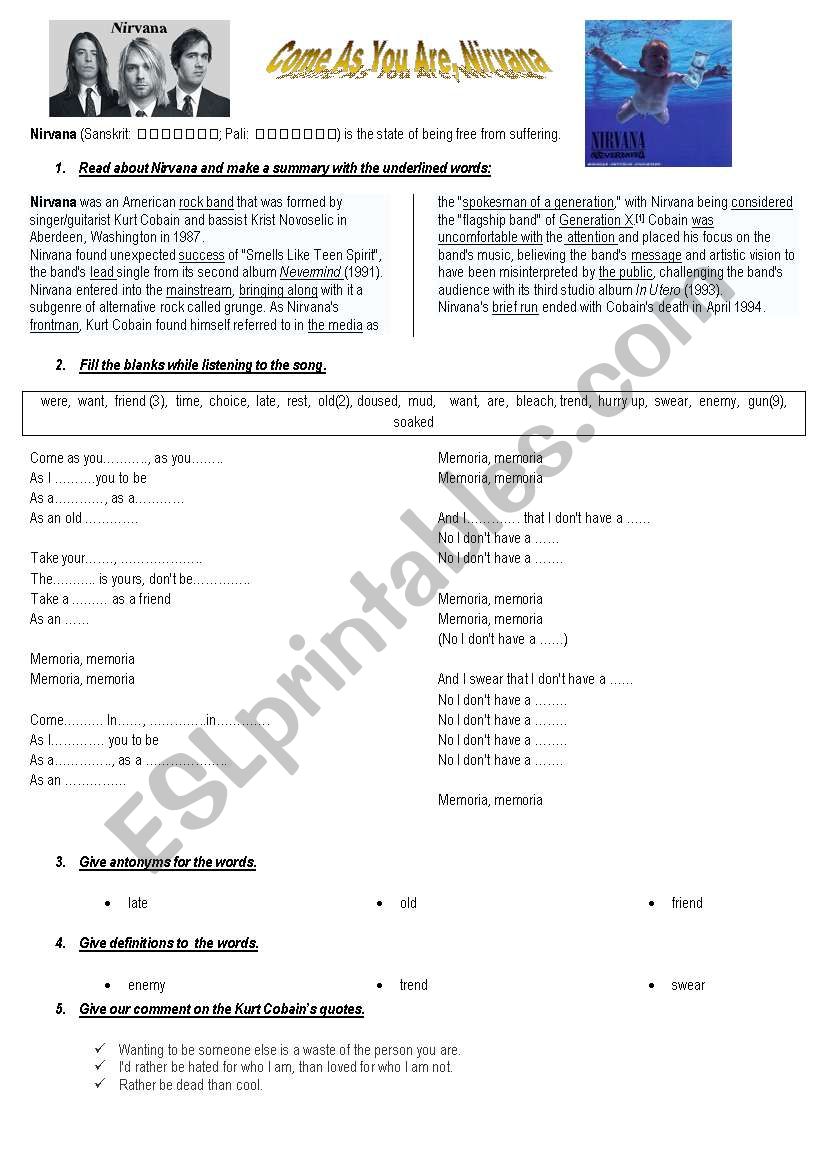 Nirvana, Come As You Are   worksheet