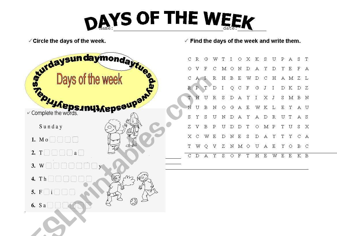 weekdays worksheet