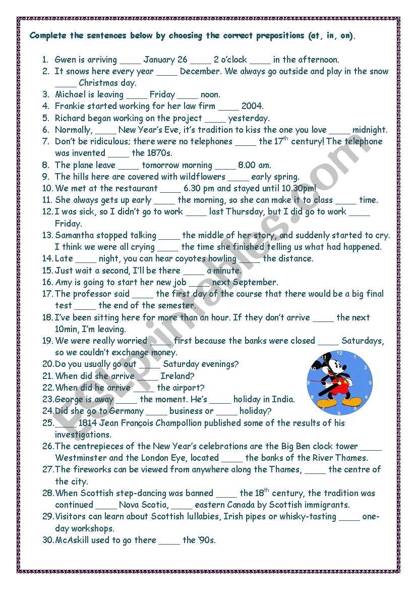 time and place prepositions worksheet