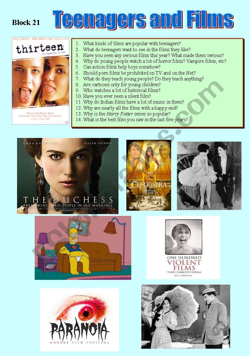 Teenagers and Films worksheet