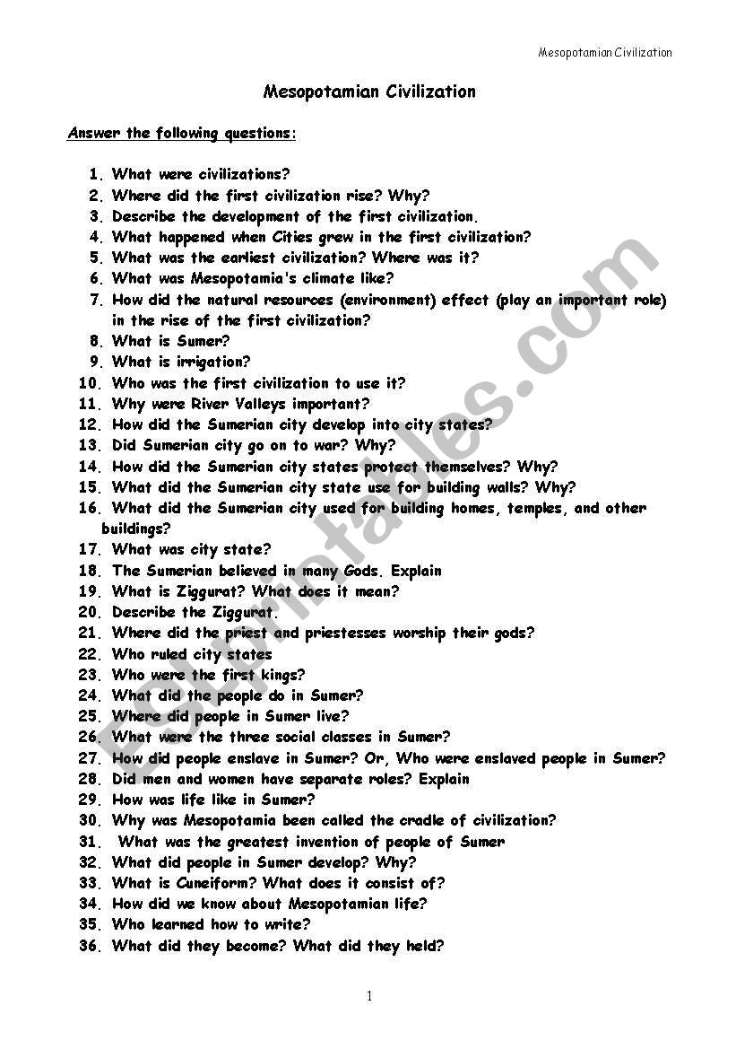 Mesopotamian Civilization worksheet