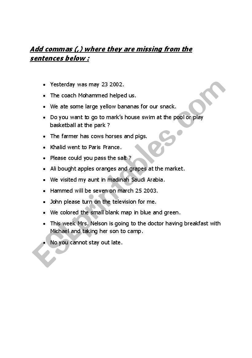 worksheet for comma worksheet