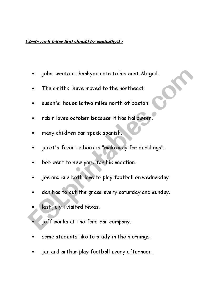 capitalization worksheet