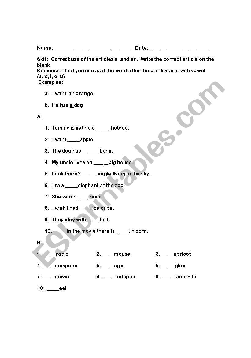 Articles a and an worksheet