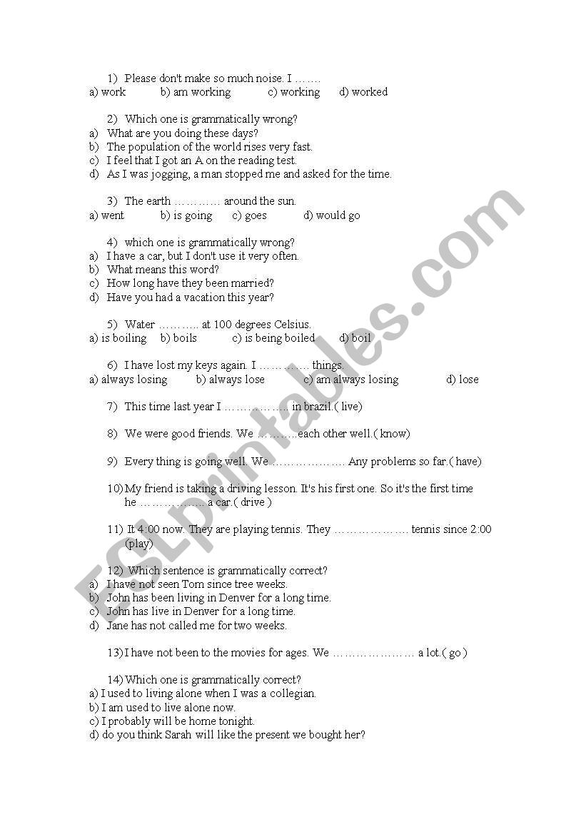 Intermediate Grammar test worksheet