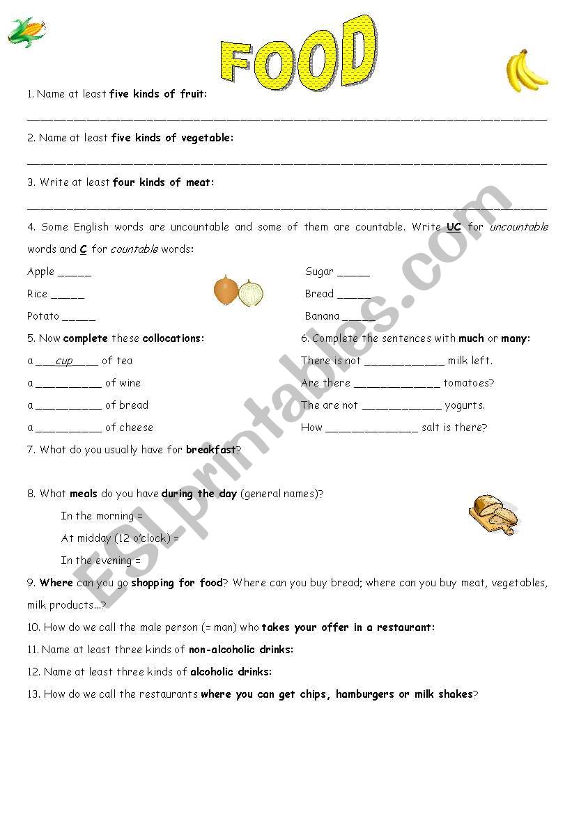 FOOD exercises worksheet