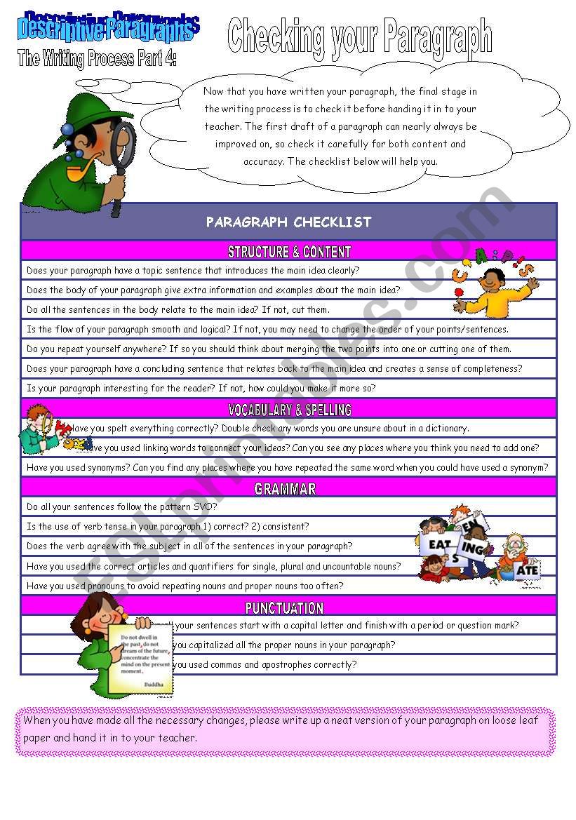 The Writing Process Part 4: Checking Your Paragraph (2 pages + key) - ESL  worksheet by juliag