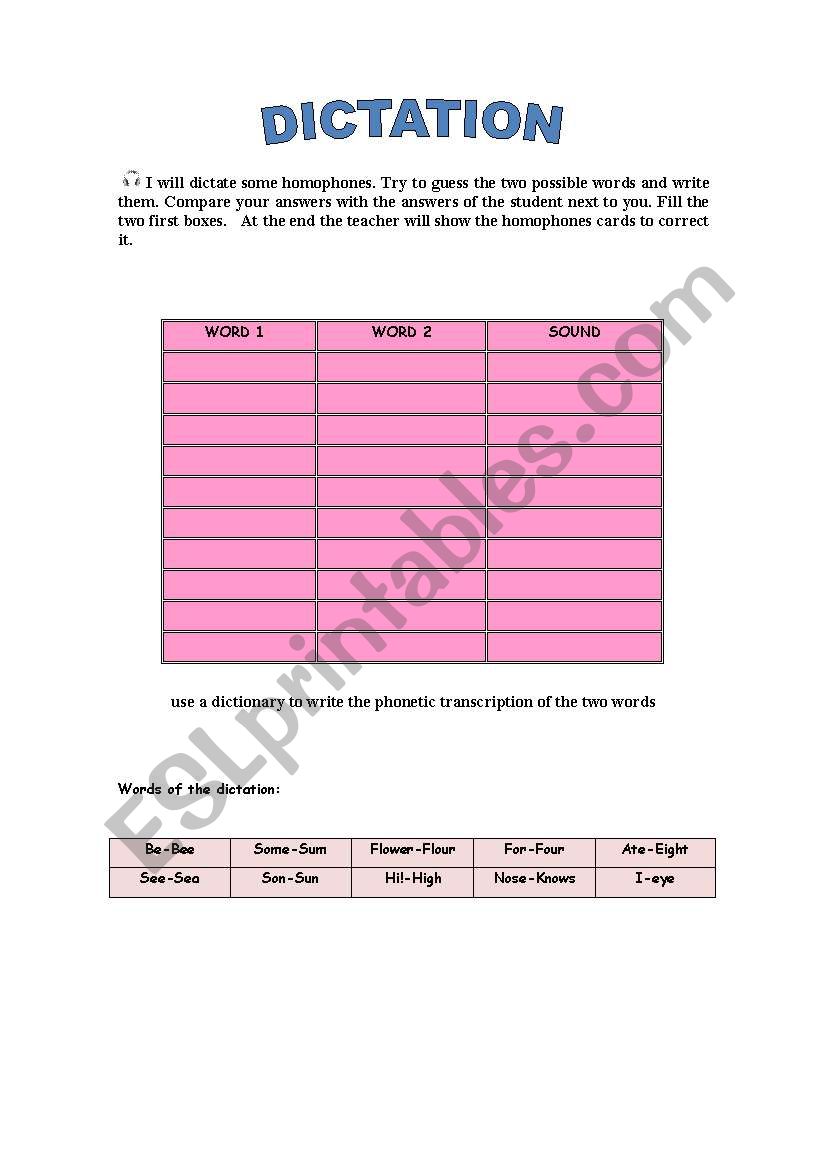 English worksheets: homophones dicatation and cards