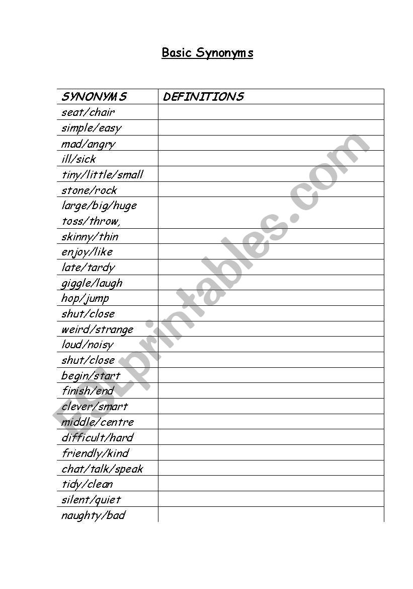 Basic Synonyms worksheet