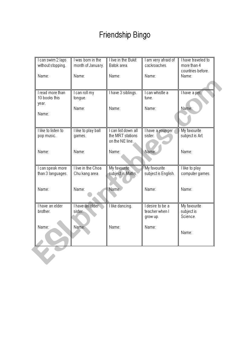 Friendship Bingo worksheet