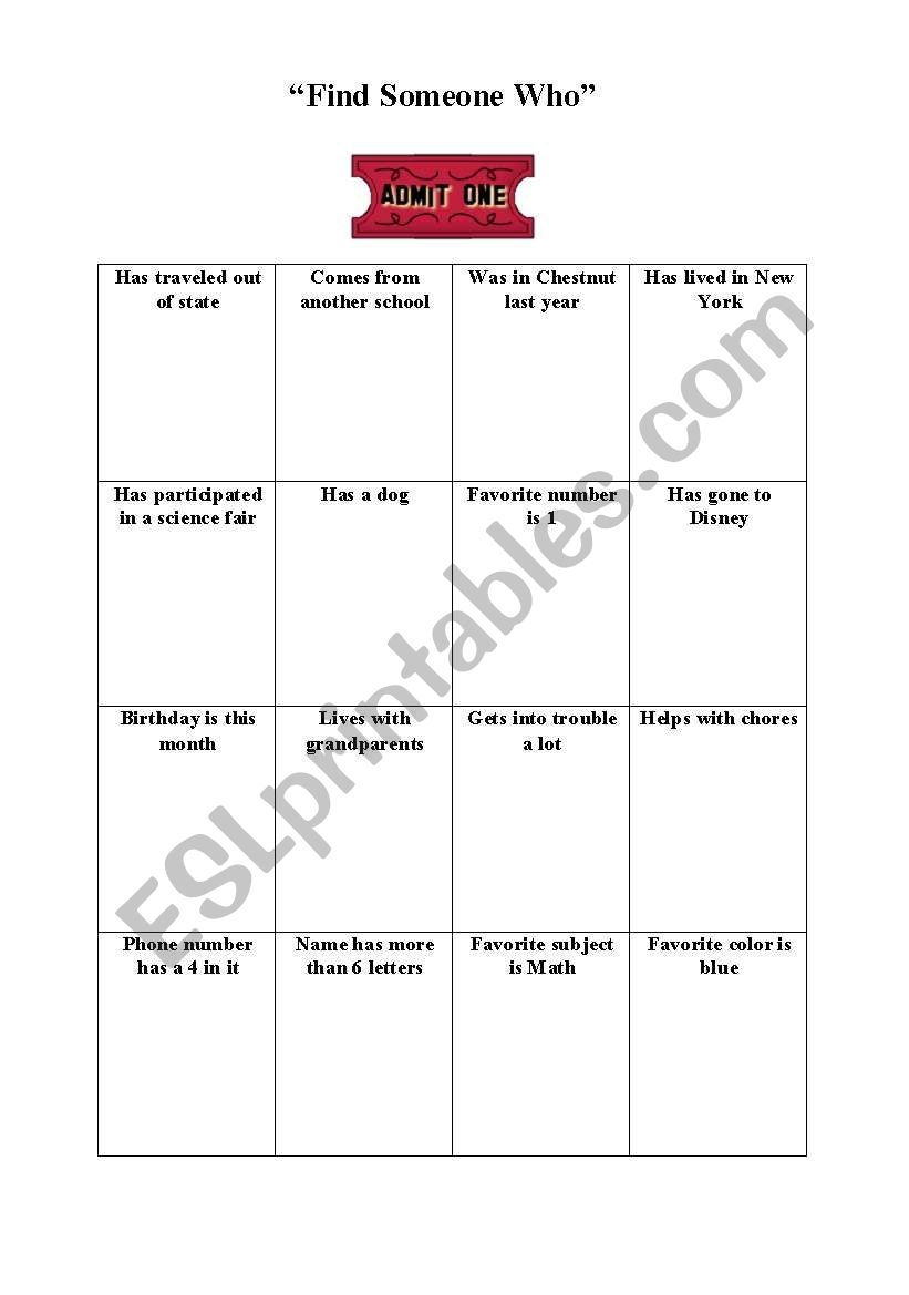 Find Someone Who worksheet