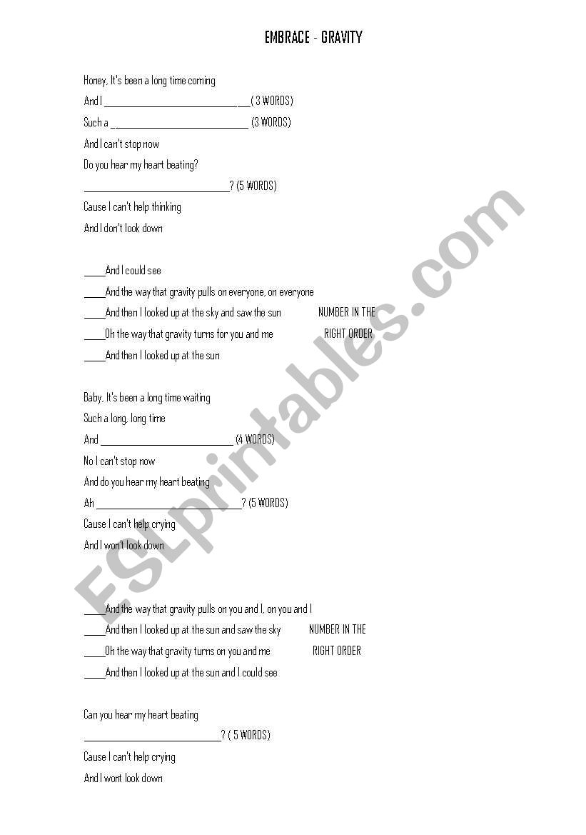 Embrace - Gravity Song worksheet